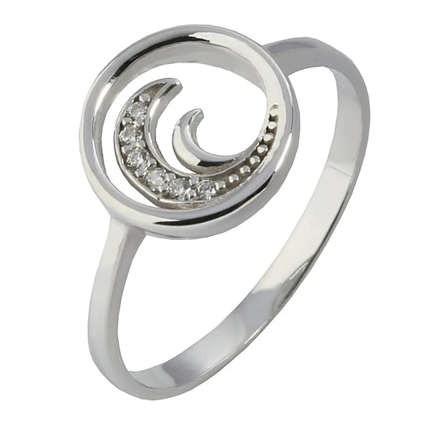 14K White Gold Wave with CZ in Circle Ring