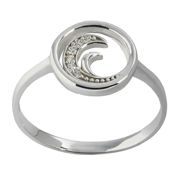 14K White Gold Wave with CZ in Circle Ring