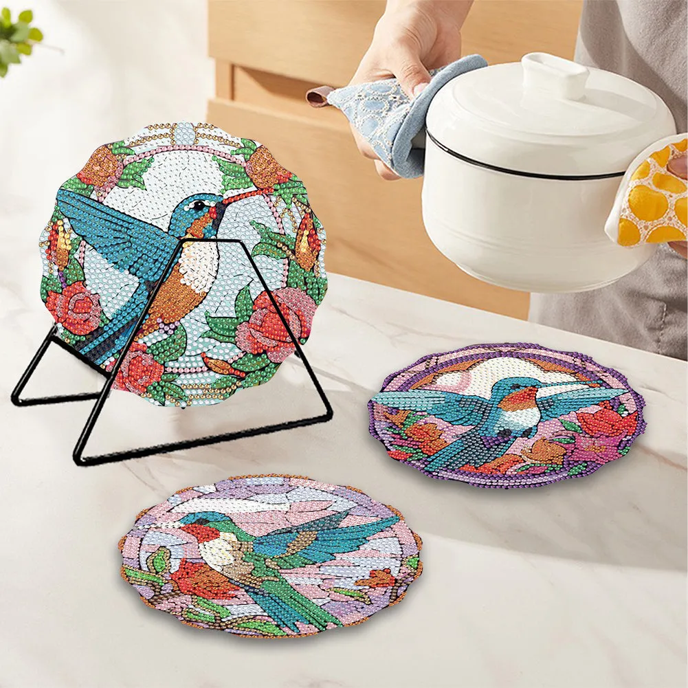 4 PCS Wooden Diamond Painted Placemats Round Placemat with Holder (Hummingbird)
