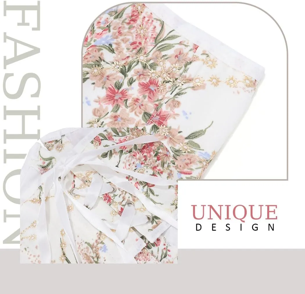 Asooll Lace up Corset Bustier Floral Printed Wide Underbust Corset Belt Costume Clothing Dress Waist Belt for Women