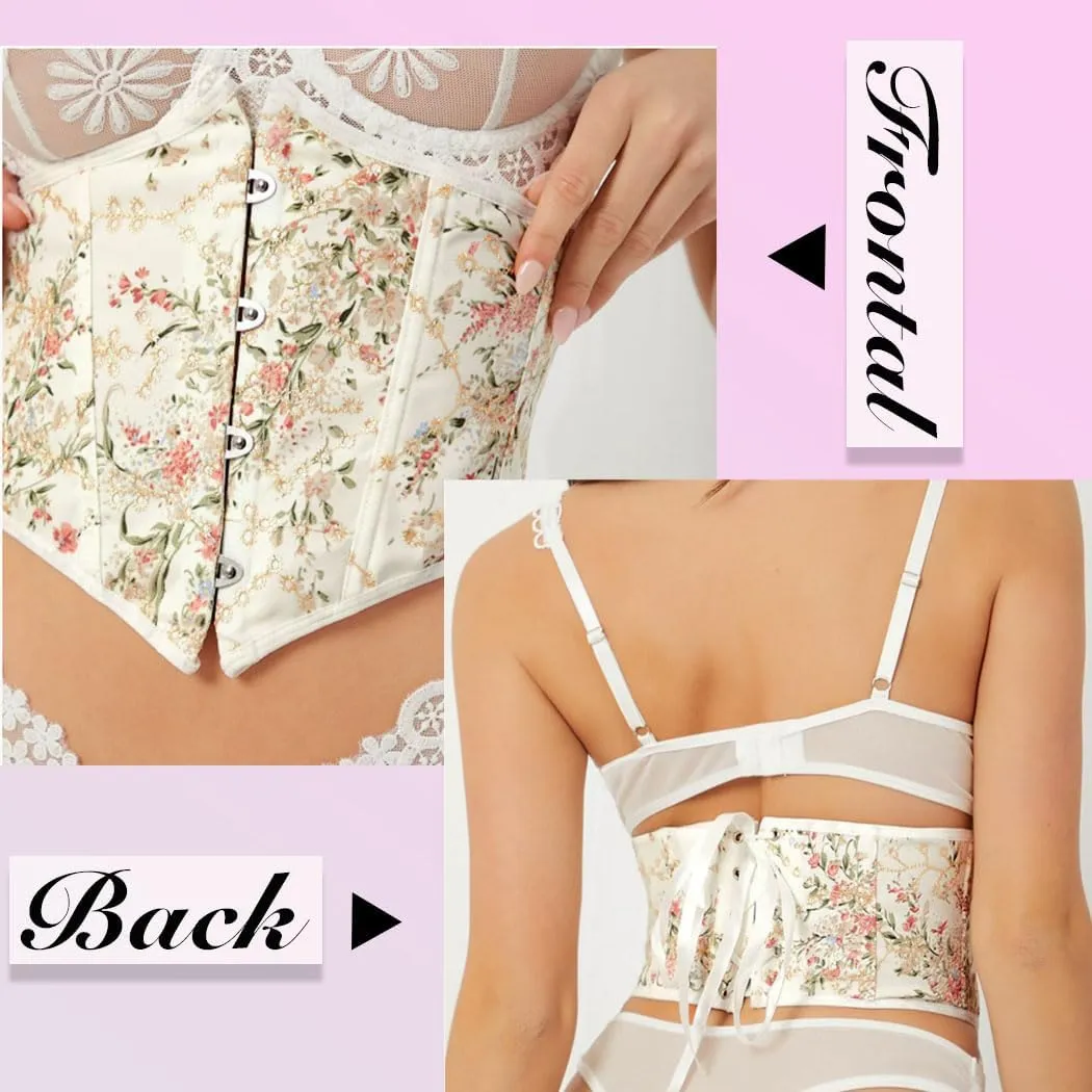 Asooll Lace up Corset Bustier Floral Printed Wide Underbust Corset Belt Costume Clothing Dress Waist Belt for Women