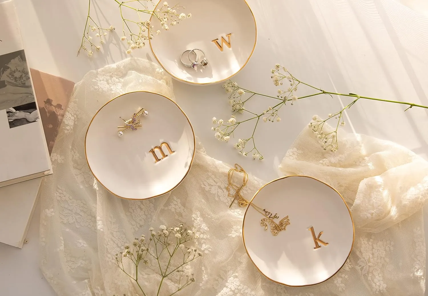 COLLECTIVE HOME - Ceramic Jewelry Tray, Decorative Trinket Dish for Rings Earrings Necklaces Bracelet Watch Keys, Birthday Mother's Day for Women, 4.75", White Surface (B)