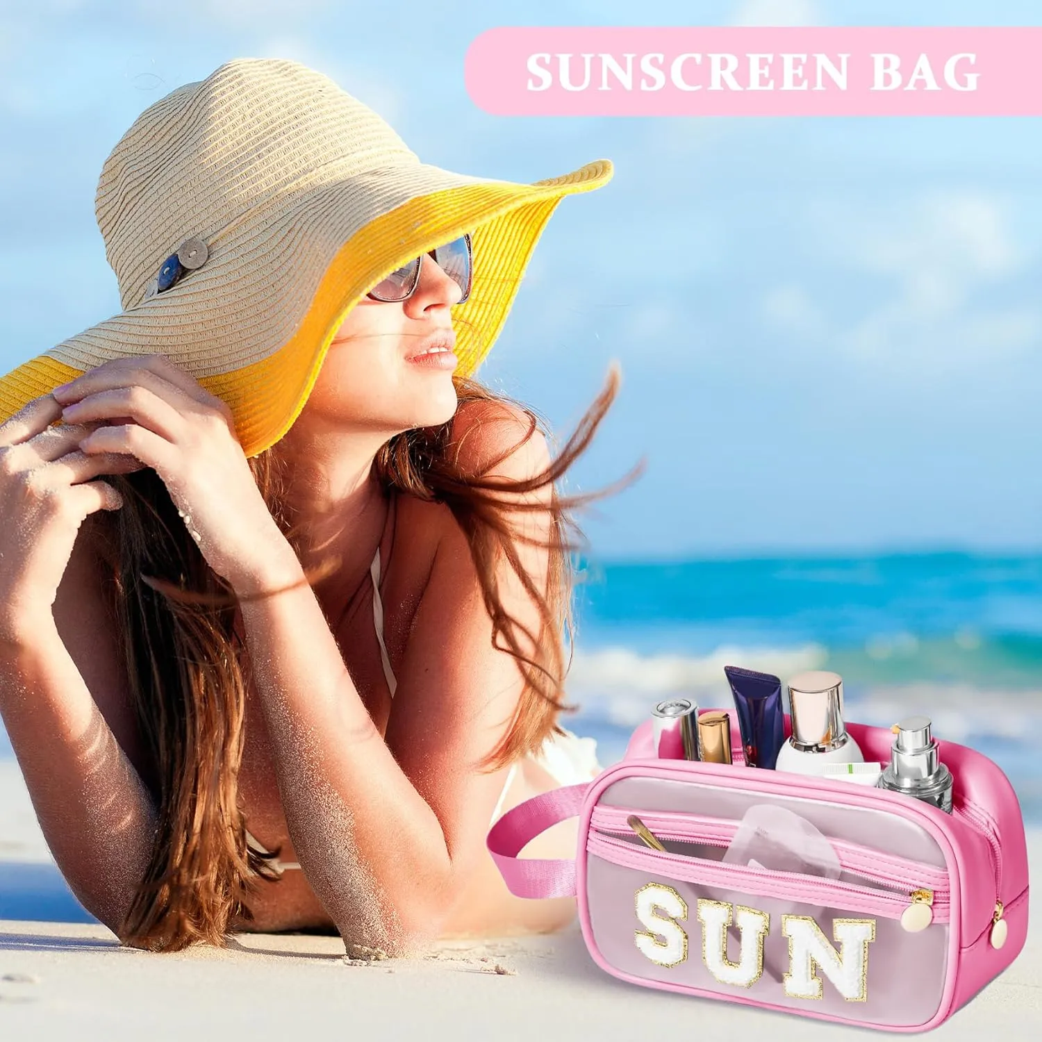 COSHAYSOO Clear Sunscreen Bag Makeup Toiletries Pouch Beach Vacation Essentials Summer Travel Stuff Accessories Personalized Graduation Gifts for Her Women College Teen Girls Teacher Nurse Pink SUN