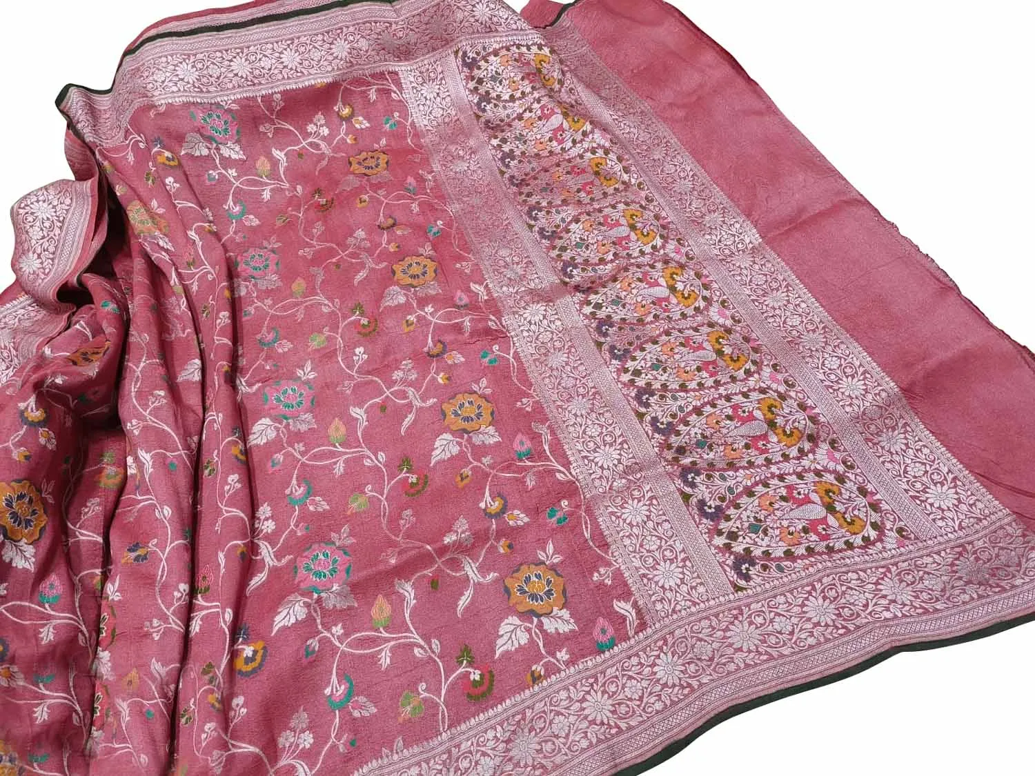 Elegant Pink Banarasi Handloom Pure Tussar Georgette Meenakari Saree