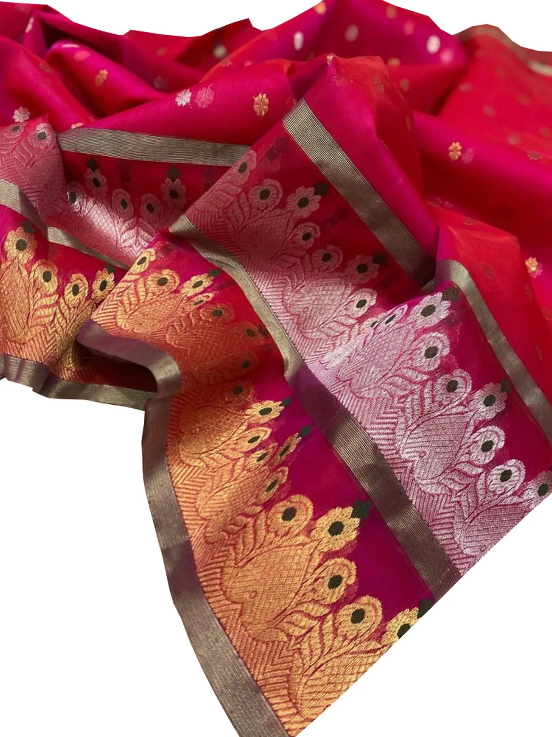 Elegant Pink Chanderi Handloom Pure Katan Organza Silk Saree