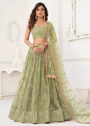 Embroidered Net Pista Green Sangeet & Wedding Wear Lehenga Choli