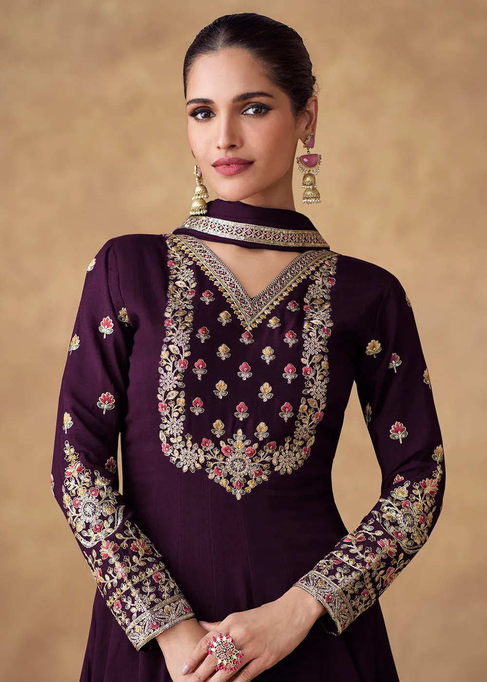 Embroidered Purple Chinnon Silk Festive Anarkali Suit