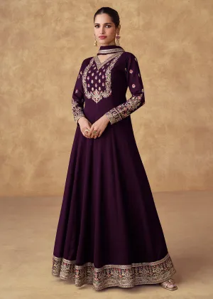 Embroidered Purple Chinnon Silk Festive Anarkali Suit