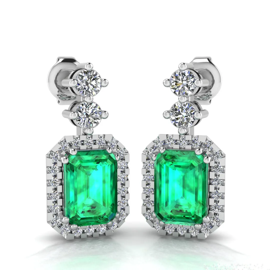 Emerald Cut 1 Carat Emerald Natural Diamond Halo Drop Earrings E1ECE