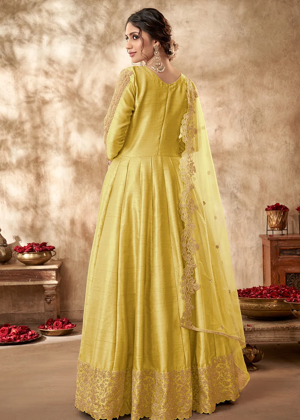 Engaging Yellow Art Silk Zari Embroidered Festive Anarkali Gown