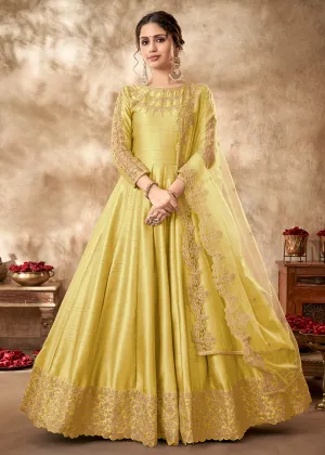 Engaging Yellow Art Silk Zari Embroidered Festive Anarkali Gown