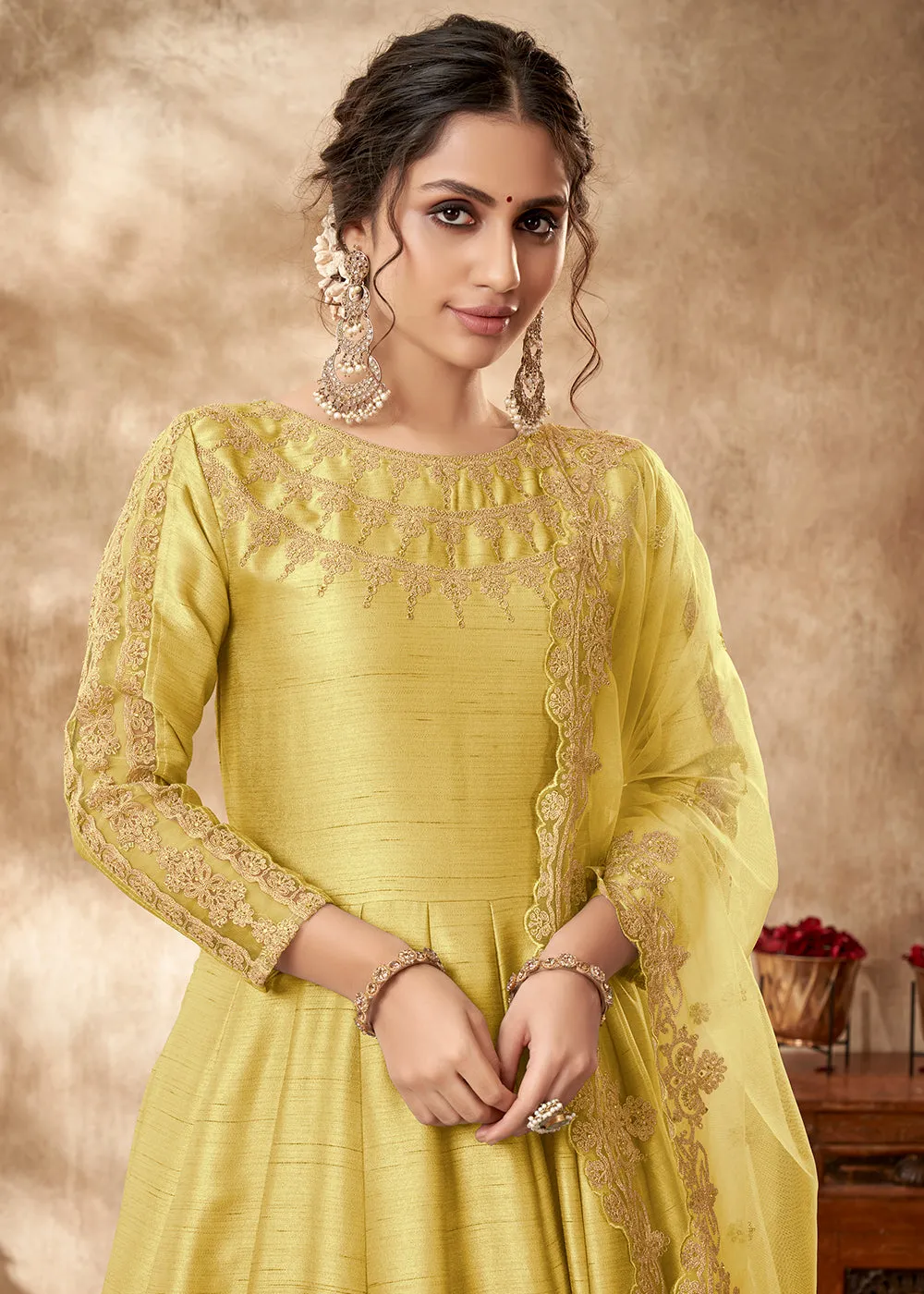 Engaging Yellow Art Silk Zari Embroidered Festive Anarkali Gown