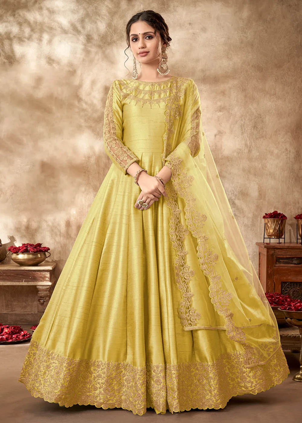 Engaging Yellow Art Silk Zari Embroidered Festive Anarkali Gown