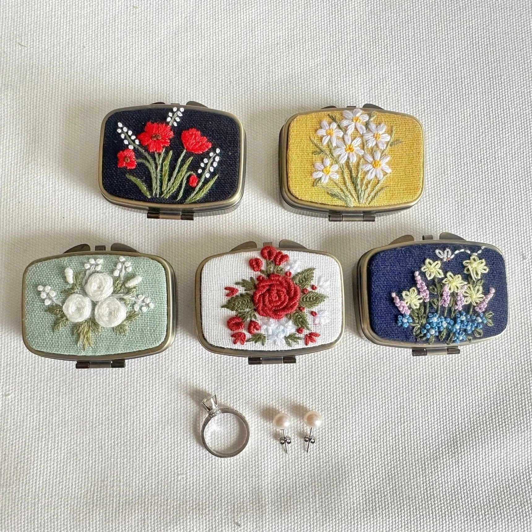 Floral Embroidered Rectangle Mini Jewelry Box - Red Poppy
