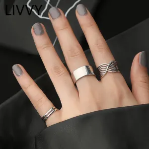 LIVVY Silver Color Smooth Wide Rings Vintage Trendy Multilayer Lines Hollow Geometric Party Jewelry Gifts For Women
