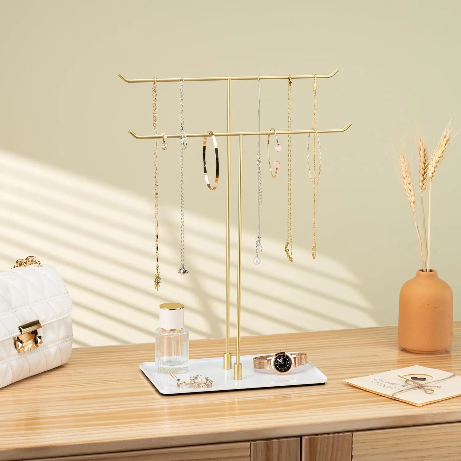 Necklace Holder Jewelry Stand Organizer for Necklaces and Bracelets, Metal Display Stand, Gift for Women, Ideal for Home, Bedroom, or Vanity, Gold