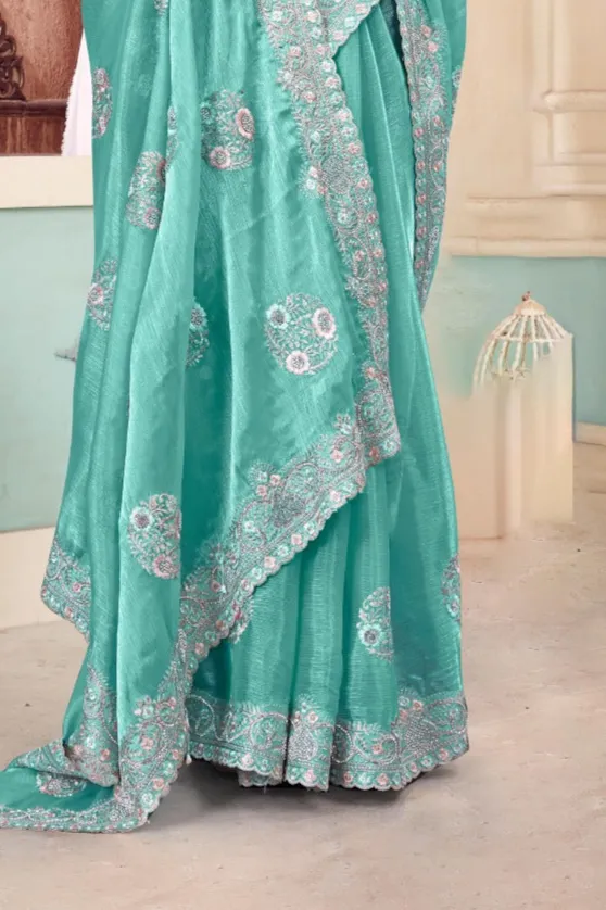 Turquoise Embroidered Burberry Chiffon Saree