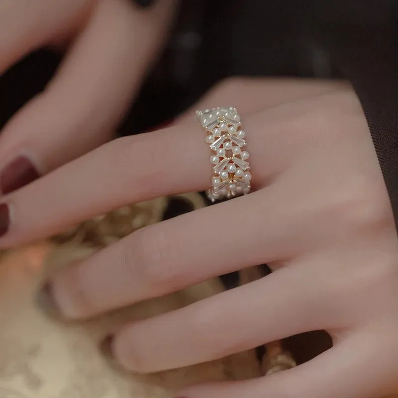 VAIGE Luxurious Adjustable Gold Color Pearl Zircon Ring - Jewelry for Parties and Special Occasions