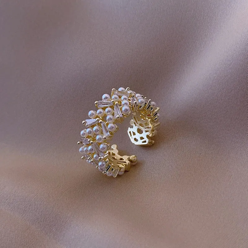 VAIGE Luxurious Adjustable Gold Color Pearl Zircon Ring - Jewelry for Parties and Special Occasions