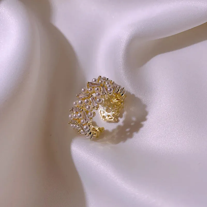 VAIGE Luxurious Adjustable Gold Color Pearl Zircon Ring - Jewelry for Parties and Special Occasions